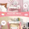 Kinderen kaptafel & kruk set houten kleine prinses make up kaptafel met 360 ° draaibare spiegel & 3 laden schrijftafel wit + roze 3