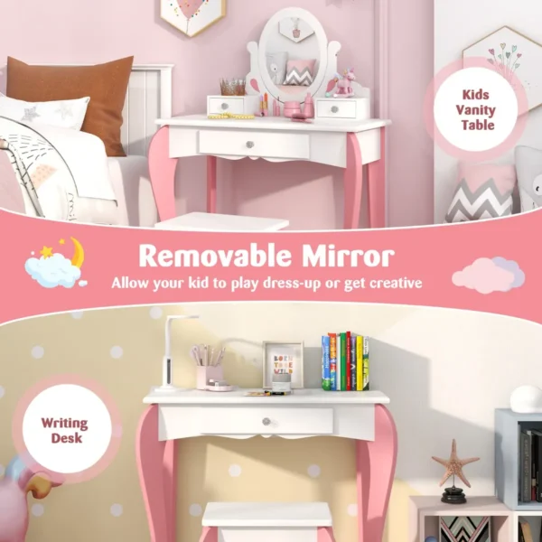 Kinderen kaptafel & kruk set houten kleine prinses make up kaptafel met 360 ° draaibare spiegel & 3 laden schrijftafel wit + roze 3