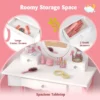 Kinderen kaptafel & kruk set houten kleine prinses make up kaptafel met 360 ° draaibare spiegel & 3 laden schrijftafel wit + roze 4