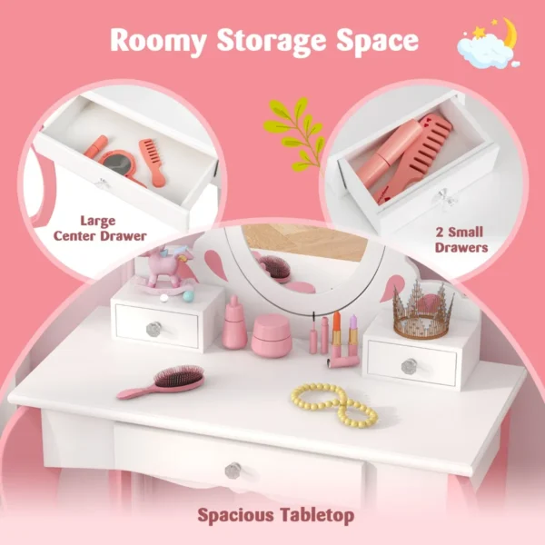 Kinderen kaptafel & kruk set houten kleine prinses make up kaptafel met 360 ° draaibare spiegel & 3 laden schrijftafel wit + roze 4