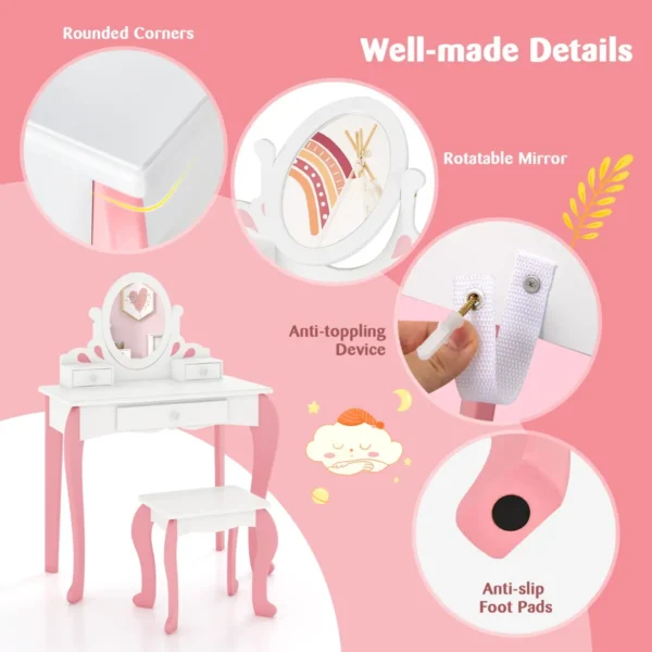 Kinderen kaptafel & kruk set houten kleine prinses make up kaptafel met 360 ° draaibare spiegel & 3 laden schrijftafel wit + roze 5