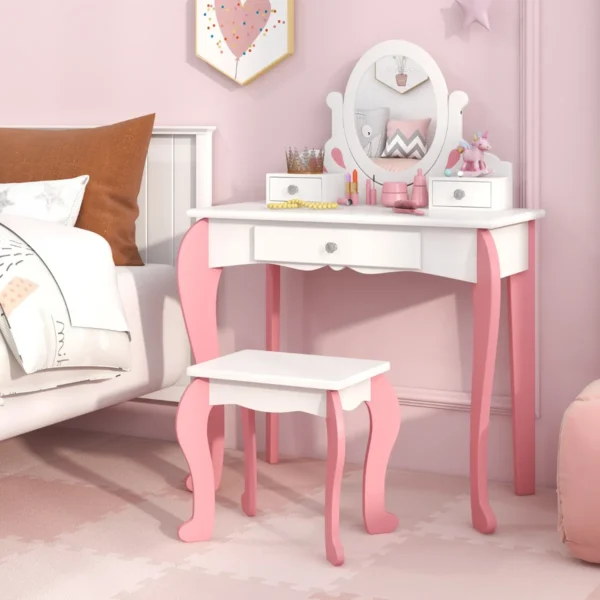 Kinderen kaptafel & kruk set houten kleine prinses make up kaptafel met 360 ° draaibare spiegel & 3 laden schrijftafel wit + roze 6