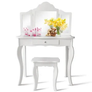 Kinderen kaptafel make up set met 3 inklapbare en afneembare spiegels kindertafel met kruk en ladevoor meisjes wit 1