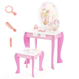 Kinderen kaptafel set houten prinses kaptafel met krukje afneembare spiegel en opberglade kaptafel set roze 1
