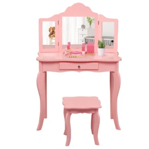 Kinderen make up kaptafel set met kruk lade en drievoudige spiegel 2 in 1 afneembare kaptafel met aankleed tafel en schrijftafel roze 1
