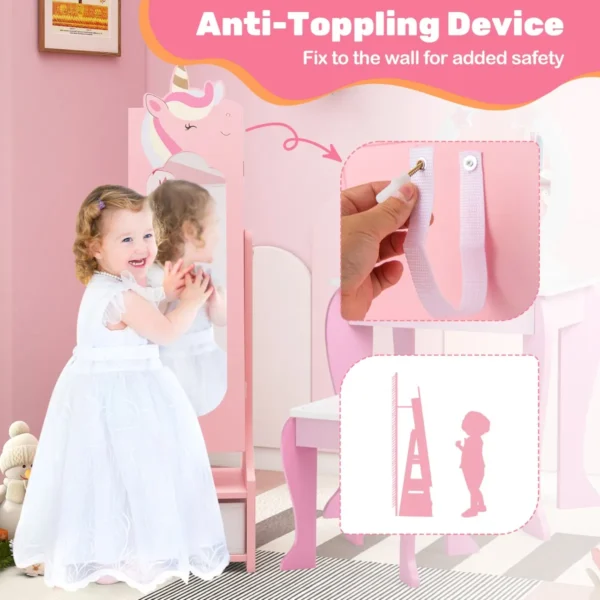 Kinderjuwelenkast vrijstaande spiegel grote opbergcapaciteit kinderbadjesspiegel met haken lade 2 kantelhoeken roze 5