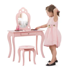 Kinderkaptafel kaptafel make uptafel met kruk en spiegel roze 70x57x105cm 1