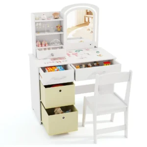 Kinderkaptafel met verlichting spiegel laden en 2 opbergdozen kaptafel met kruk make uptafel voor kinderen vanaf 3 jaar wit 1
