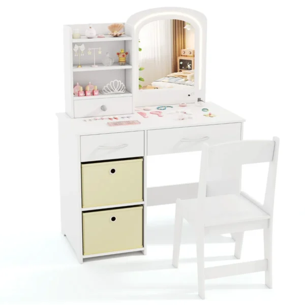 Kinderkaptafel met verlichting spiegel laden en 2 opbergdozen kaptafel met kruk make uptafel voor kinderen vanaf 3 jaar wit 2