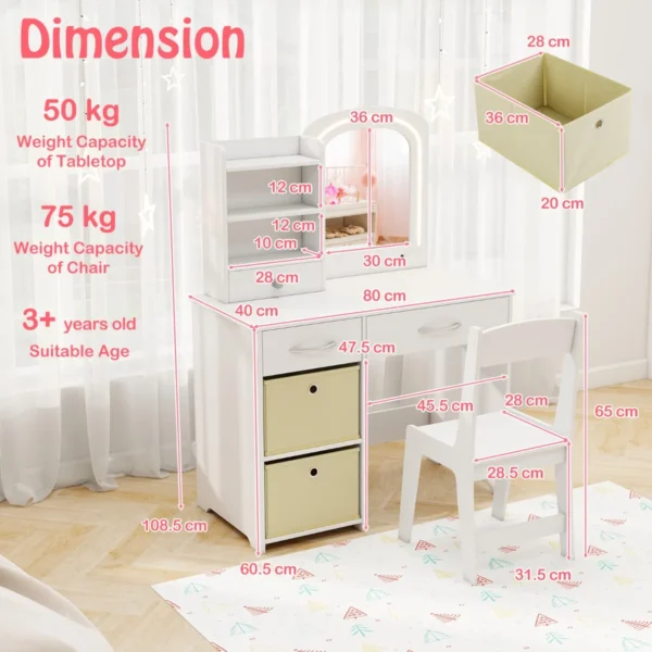 Kinderkaptafel met verlichting spiegel laden en 2 opbergdozen kaptafel met kruk make uptafel voor kinderen vanaf 3 jaar wit 3