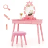 Kinderkaptafel set met verlichte spiegel tafel en kruk set met verstelbare verlichting grote lade gestoffeerde kruk roze 1