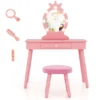 Kinderkaptafel set met verlichte spiegel tafel en kruk set met verstelbare verlichting grote lade gestoffeerde kruk roze 2