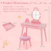 Kinderkaptafel set met verlichte spiegel tafel en kruk set met verstelbare verlichting grote lade gestoffeerde kruk roze 3