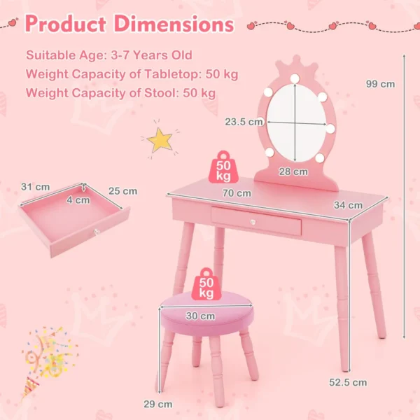 Kinderkaptafel set met verlichte spiegel tafel en kruk set met verstelbare verlichting grote lade gestoffeerde kruk roze 3
