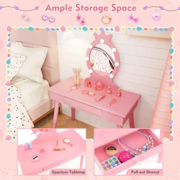 Kinderkaptafel set met verlichte spiegel tafel en kruk set met verstelbare verlichting grote lade gestoffeerde kruk roze 4