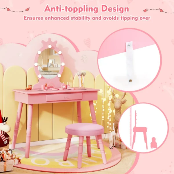 Kinderkaptafel set met verlichte spiegel tafel en kruk set met verstelbare verlichting grote lade gestoffeerde kruk roze 5