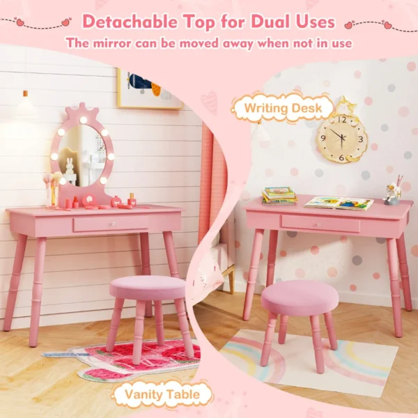 Kinderkaptafel set met verlichte spiegel tafel en kruk set met verstelbare verlichting grote lade gestoffeerde kruk roze 7
