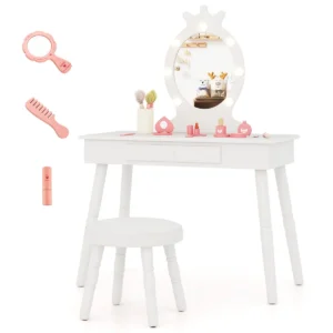 Kinderkaptafel set met verlichte spiegel tafel en kruk set met verstelbare verlichting grote lade gestoffeerde kruk wit 1