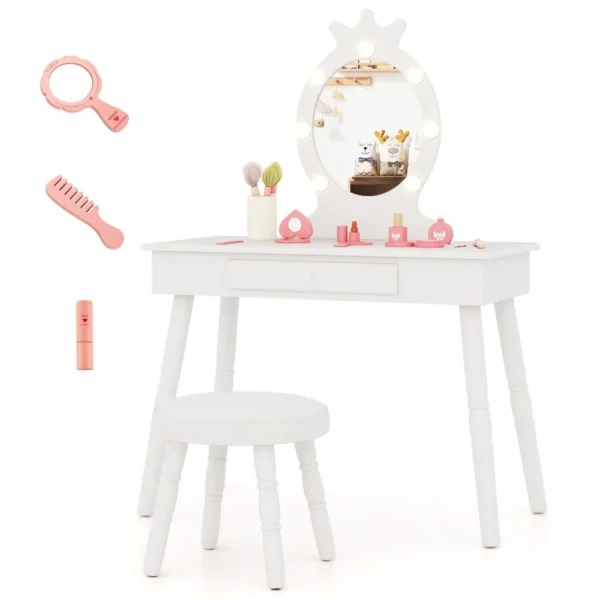 Kinderkaptafel set met verlichte spiegel tafel en kruk set met verstelbare verlichting grote lade gestoffeerde kruk wit 1