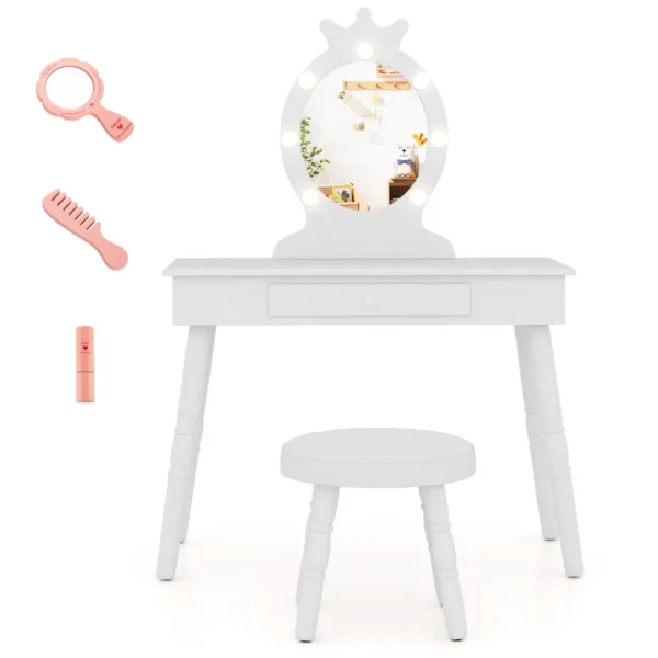 Kinderkaptafel set met verlichte spiegel tafel en kruk set met verstelbare verlichting grote lade gestoffeerde kruk wit 2