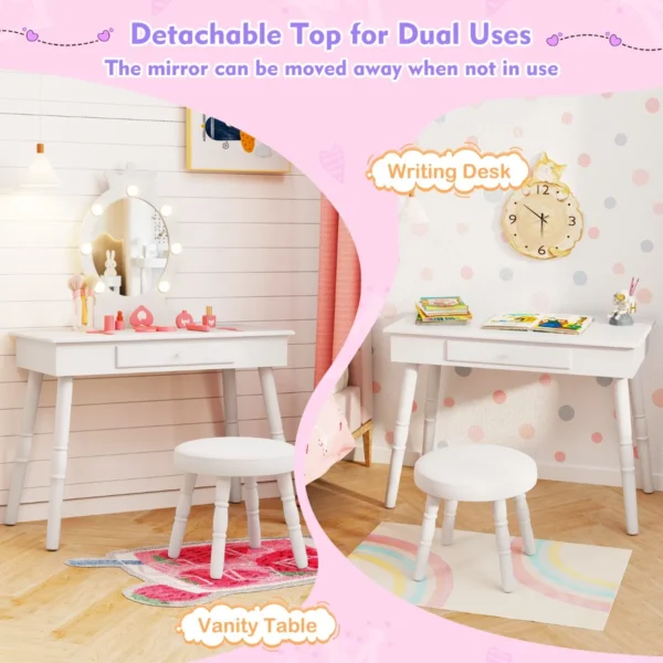 Kinderkaptafel set met verlichte spiegel tafel en kruk set met verstelbare verlichting grote lade gestoffeerde kruk wit 5