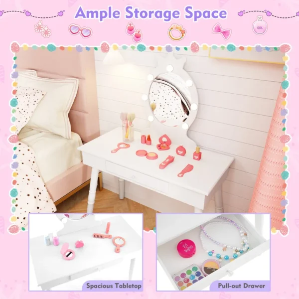 Kinderkaptafel set met verlichte spiegel tafel en kruk set met verstelbare verlichting grote lade gestoffeerde kruk wit 6