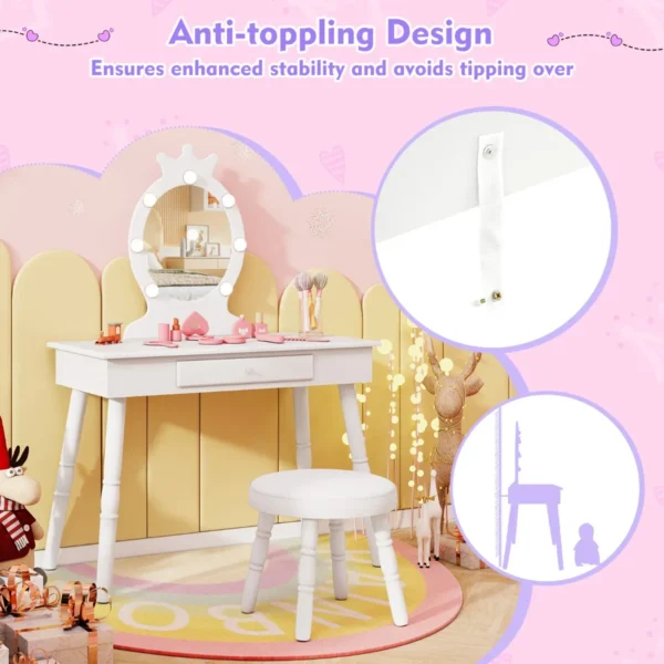 Kinderkaptafel set met verlichte spiegel tafel en kruk set met verstelbare verlichting grote lade gestoffeerde kruk wit 7