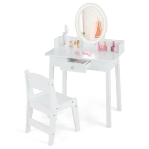 Kinderkaptafelset met verlichte spiegel make up kaptafel met stoel tweekleurige led verlichting sieradenopberger boomvormige lade wit 1
