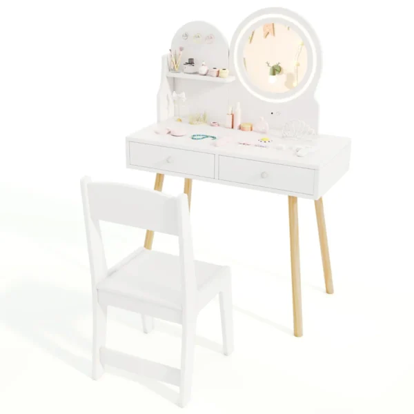 Kinderkaptafelset met verlichte spiegel make uptafel en stoelset open plank haken en lades houten kaptafel wit 2