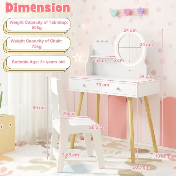 Kinderkaptafelset met verlichte spiegel make uptafel en stoelset open plank haken en lades houten kaptafel wit 3