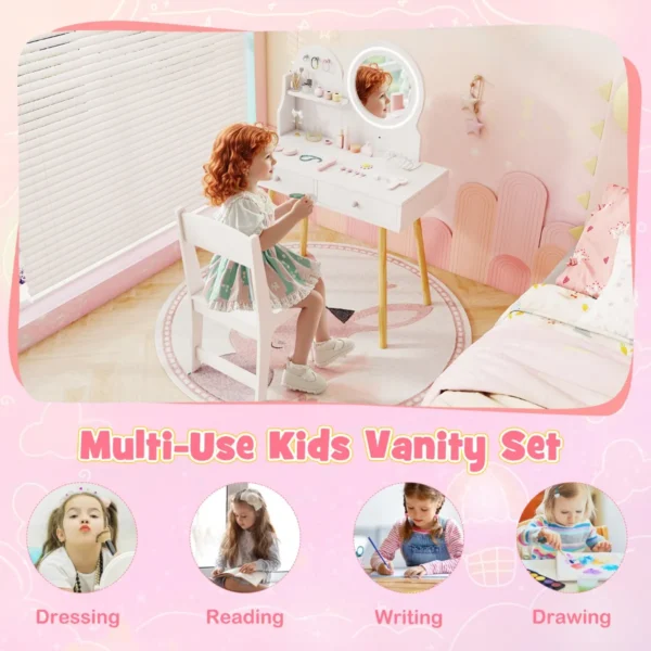 Kinderkaptafelset met verlichte spiegel make uptafel en stoelset open plank haken en lades houten kaptafel wit 6