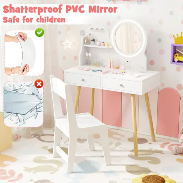 Kinderkaptafelset met verlichte spiegel make uptafel en stoelset open plank haken en lades houten kaptafel wit 7
