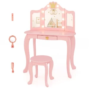 Kinderkaptafelset met verlichte spiegel tafel en krukset 3 delige opvouwbare spiegel verstelbare helderheid roze 1