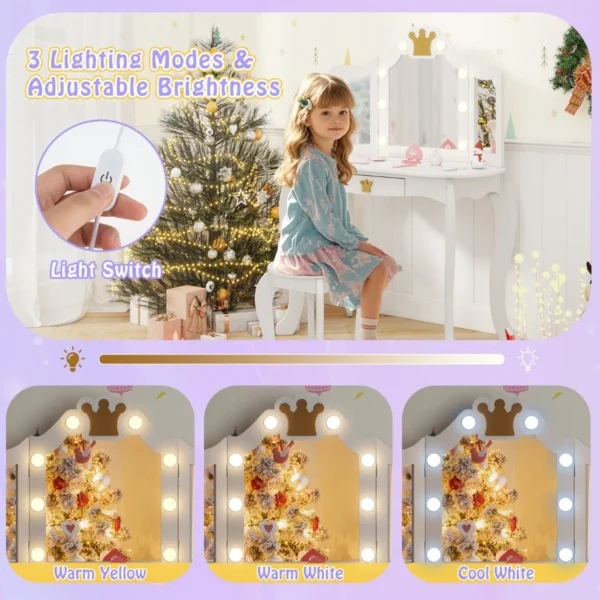 Kinderkaptafelset met verlichte spiegel tafel en krukset 3 delige opvouwbare spiegel verstelbare helderheid wit 5