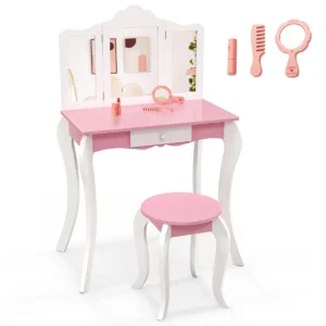 Kinderkaptafelset voor 3 7 jaar met 3 delige opvouwbare acrylspiegel lade en accessoires kaptafelset en houten kruk met anti kantelset 1