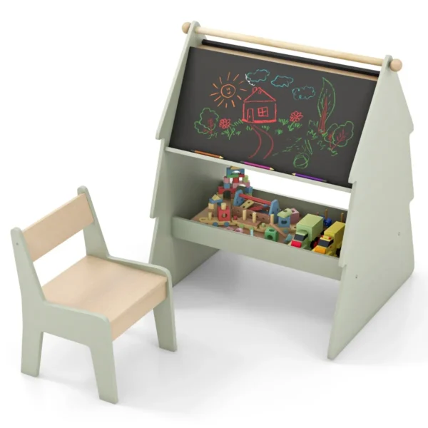 Kinderkunst ezel met krukje 2 in 1 krukje en dubbelzijdig krijtbord set met papierrolhouder opbergruimte leerspeelgoed voor jongens en meisjes 2