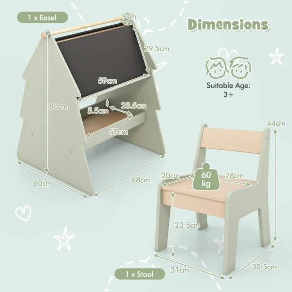 Kinderkunst ezel met krukje 2 in 1 krukje en dubbelzijdig krijtbord set met papierrolhouder opbergruimte leerspeelgoed voor jongens en meisjes 3