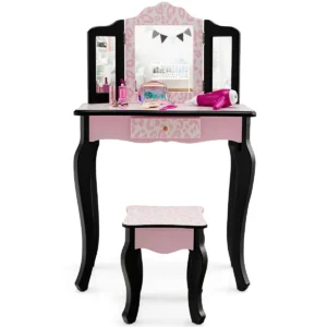 Kindermake uptafel met kruk 2 in 1 kaptafel bureau met drievoudig inklapbare spiegel afneembare plaat en lade (luipaard) 1