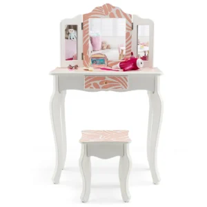 Kindermake uptafel met kruk 2 in 1 kaptafel bureau met drievoudig inklapbare spiegel afneembare plaat en lade (zebra) 1