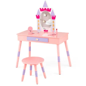 Kindermake uptafel met kruk 2 in 1 kindermake uptafelset van hout met spiegel lade (roze) 1