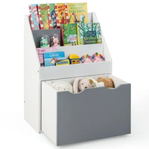Kinderrek met 3 planken en rollende speelgoedkist multifunctionele boekenplank voor kinderkamer kleuterschool grijs + wit 1