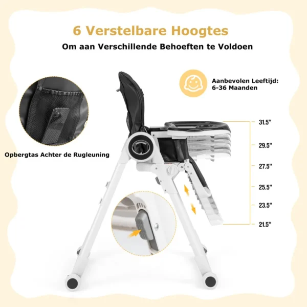 Kinderstoel opvouwbare eetstoel met 6 verstelbare hoogtes 3 positie rugleuning 4 positie voetsteun afneembare 4 vergrendelbare wielen 4