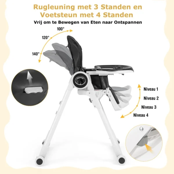 Kinderstoel opvouwbare eetstoel met 6 verstelbare hoogtes 3 positie rugleuning 4 positie voetsteun afneembare 4 vergrendelbare wielen 5