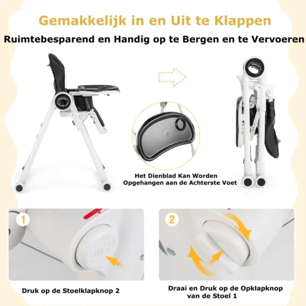 Kinderstoel opvouwbare eetstoel met 6 verstelbare hoogtes 3 positie rugleuning 4 positie voetsteun afneembare 4 vergrendelbare wielen 6
