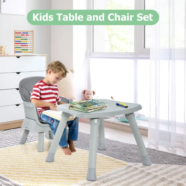 Kinderstoel stoelverhoger eetkamerstoel bouwsteentafel krukje voor peuters met 5 puntsgordel afneembaar dienblad en kussen grijs 4