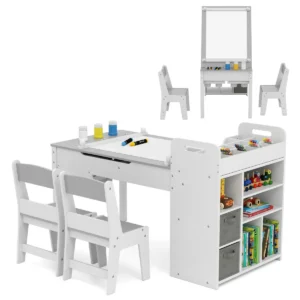 Kindertafel en stoelenset met papierrol klapdeksel planken stoffenbakken draagbare organizer voor kunstbenodigdheden om te tekenen grijs en wit 1