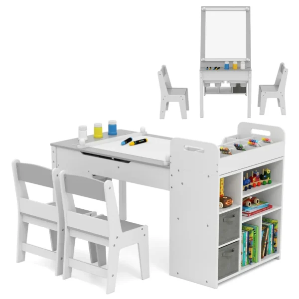 Kindertafel en stoelenset met papierrol klapdeksel planken stoffenbakken draagbare organizer voor kunstbenodigdheden om te tekenen grijs en wit 1