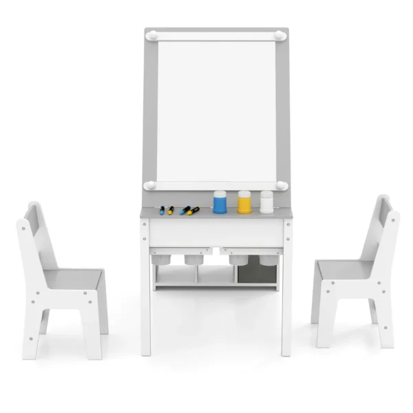 Kindertafel en stoelenset met papierrol klapdeksel planken stoffenbakken draagbare organizer voor kunstbenodigdheden om te tekenen grijs en wit 2