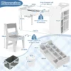 Kindertafel en stoelenset met papierrol klapdeksel planken stoffenbakken draagbare organizer voor kunstbenodigdheden om te tekenen grijs en wit 3