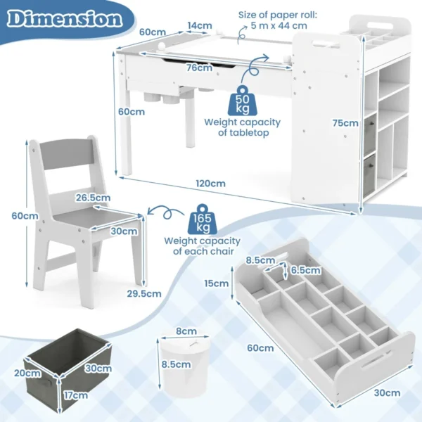 Kindertafel en stoelenset met papierrol klapdeksel planken stoffenbakken draagbare organizer voor kunstbenodigdheden om te tekenen grijs en wit 3